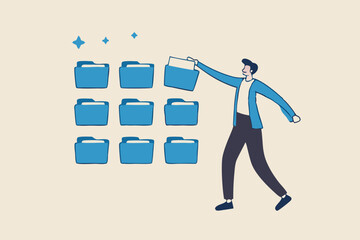 Organize files folder or archive document to be index, administration work, plan or file management, arrange online data or paperwork concept, businessman organize document file into archive folders.