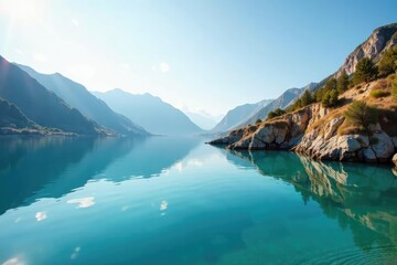 Distinctive shoreline curves, mirroring in calm water, stones, water