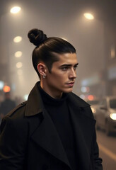 Young man with slicked-back hair and a bun exploring the city at night, exuding confidence and style in a modern urban setting. Streetlights and bokeh background enhance the fashionable atmosphere.

