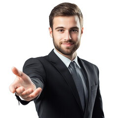 Businessman smiling and extending hand for handshake,positive perspective,PNG,clipart,transparent