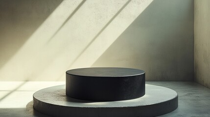 Minimalist black cylinder podium on light-grey platform