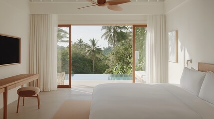 Fototapeta premium A bedroom with a large window overlooking a pool and a lush green forest. The room is decorated in a minimalist style with white walls and a wooden desk. The bed is neatly made with white sheets