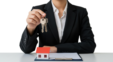 transparent background of A professional dressed in a suit holds keys above a small house model while sitting at a table with a clipboard, indicating a successful property transaction.