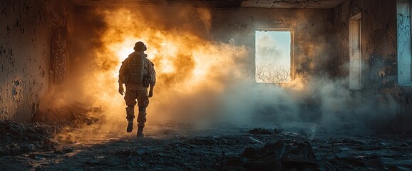 Soldier in a war-torn building