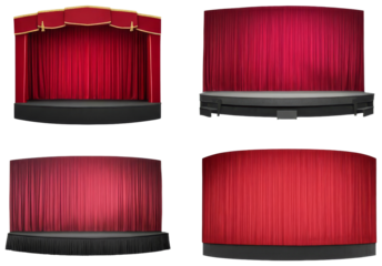 Curved stage with red curtains various styles, transparent background png
