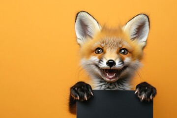 Fototapeta premium Fluffy friend with sign. Cute baby animal fox hold in front paws a template - large dark black zoo sign. Isolated baby animal on a solid uniform bright orange background. Studio setup with p.
