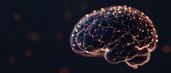 3d rendering of a human brain. the brain is made up of interconnected lines and dots, creating a network-like structure. the lines are orange in color, while the dots are white.