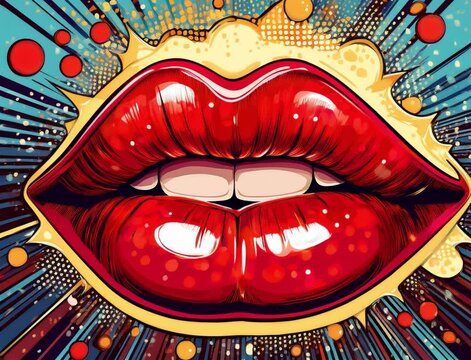 Bold red lips blowing a kiss, vibrant pop art background for modern event invitations and decorations