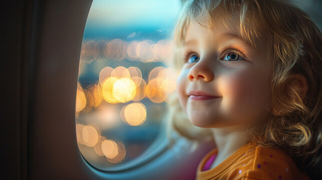 Young child gazes out airplane window, captivated by city lights at dusk during a flight adventure