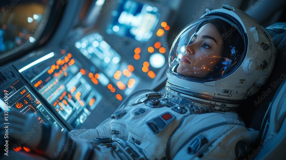Poster an astronaut sits focused in a spacecraft, surrounded by control panels illuminated by numerous scre