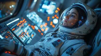An astronaut sits focused in a spacecraft, surrounded by control panels illuminated by numerous screens and buttons, ready for an upcoming mission into space.