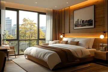 A luxurious bedroom with a large window overlooking a city skyline and autumn trees in daytime light