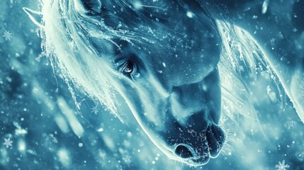Fototapeta premium Majestic White Horse in a Winter Wonderland with Snowflakes Falling Gently, Capturing the Elegance and Grace of Nature's Beauty in a Frozen Landscape