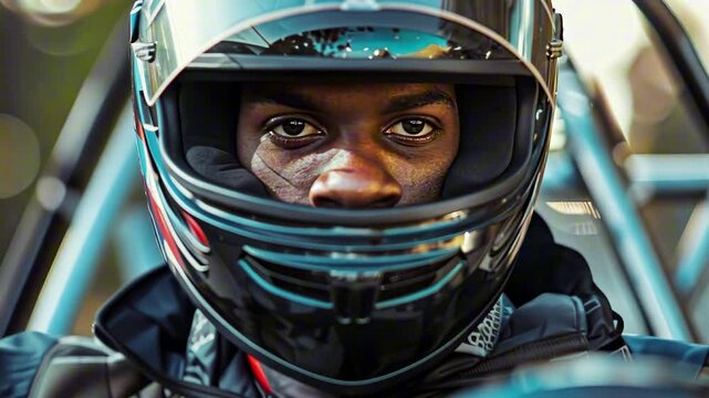 Close-up of black afro american man in helmet focused inside racing car cockpit with bokeh background. Concept of determination in motorsport
