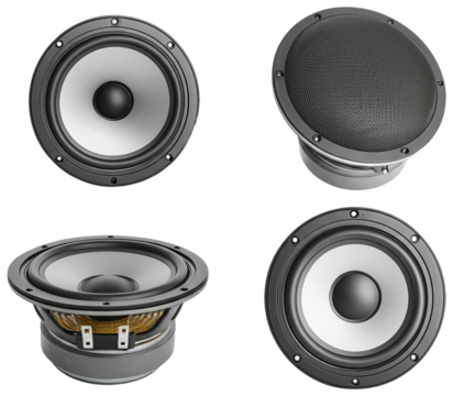 Four views of audio speaker components, transparent background png