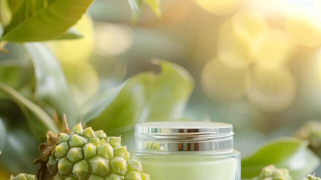 A sleek glass jar of green-tinted face cream is surrounded by fresh pandanus fruits and lush tropical leaves, creating a refreshing and natural skincare concept. The soft lighting and dewy atmosphere 