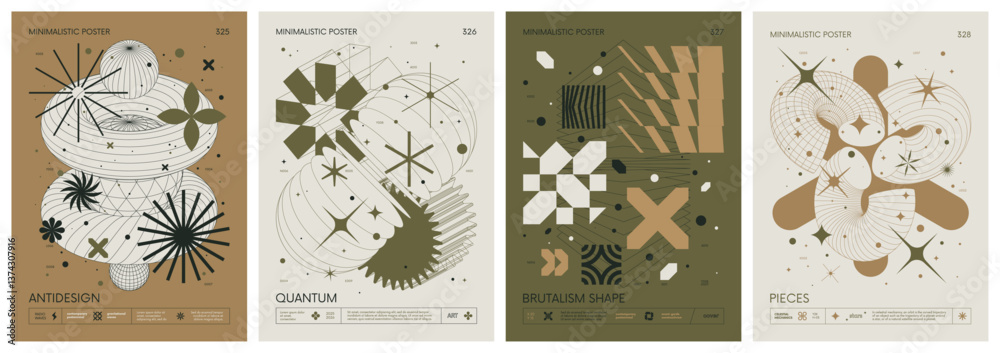 Aufkleber Brutalist style vector minimalistic Posters with silhouette basic figures, Retro futuristic graphic elements of geometric shapes rave composition, Modern color print artwork, set 82