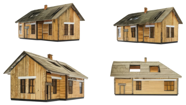 Four views of a weathered wooden house model, transparent background png