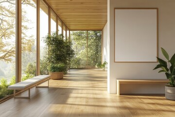 Bright interior space with wooden floors large windows plants and benches framing a blank canvas art piece