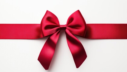 Aerial Shot Of Red Ribbon On White Background With Sleek Bow - Top View With Clean Lines And Vibrant Color Palette