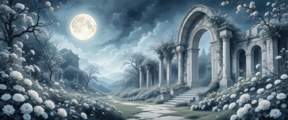  A romantic and haunting watercolor scene featuring delicate floral details and the spectral glow of the moonlit ruins.