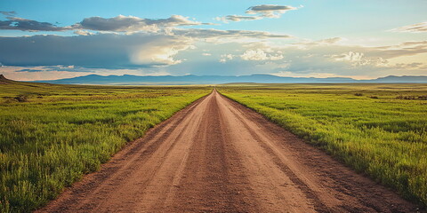 A straight gravel road cuts through a wide green field under soft light. The open scenery evokes simplicity, stillness, and wanderlust. Ideal for travel or agricultural themes.

