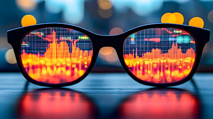 Eyeglasses reflecting stock market charts and city lights at sunset