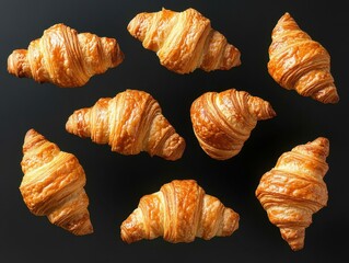 Golden croissants arranged on a dark background creating an inviting and delicious food photography composition with a high angle view and warm lighting