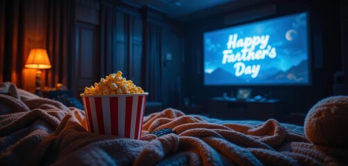  Relaxing home theater setting perfect for Father s Day. Popcorn, blanket, and streaming media set in warm lighting.