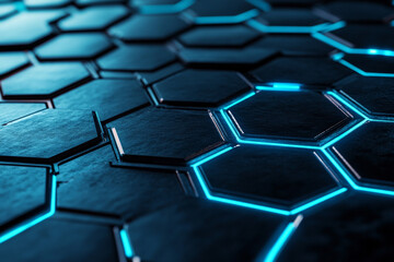 Obraz premium Futuristic hexagonal metal grid with soft blue neon glow