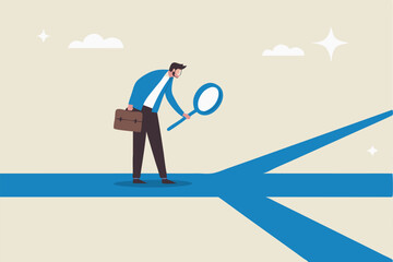 Finding career path or success route, analyze to make decision choices, discover opportunity way, directions or pathway to success concept, businessman analyze career path with magnifying glass.