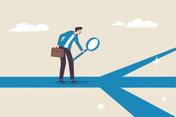 Finding career path or success route, analyze to make decision choices, discover opportunity way, directions or pathway to success concept, businessman analyze career path with magnifying glass.