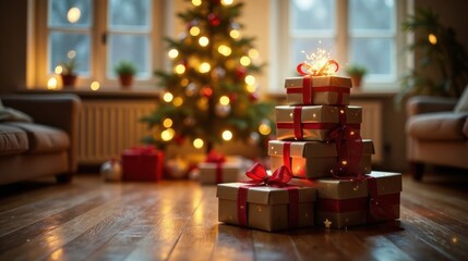 Festive Holiday Presents Stacked Beneath Sparkling Christmas Tree in Cozy Living Room