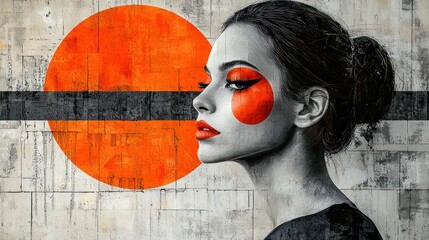 Woman with bold orange circle, profile view