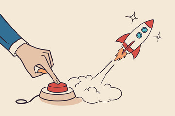 Launch startup rocket, start new business, boost rocket speed to success, begin entrepreneur company takeoff, fast growth corporate concept, businessman hand push start to launch startup rocket.