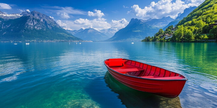 Mountain lake with crystal waters, red rowboat and elegant swans under a sunny sky. Ideal for themes of purity, nature escape, and scenic tranquility.
