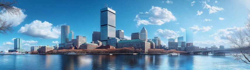 Obraz premium Skyscrapers dominate the horizon in a clean urban skyline with crisp blue skies. A futuristic look at modern architecture and the vertical rise of city life. 