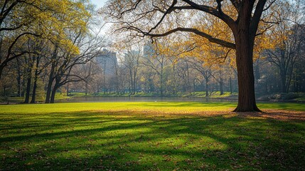 Spring park scene with sunlight