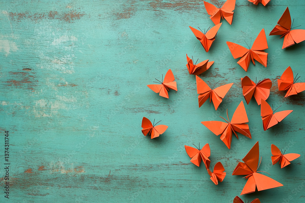 Poster teal wood background with orange paper butterflies arranged asymmetrically, leaving ample free space