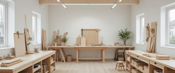  Nordic Woodworking Atelier Light Wood White Walls Embrace Simplicity and Functionality in this Serene Creative Environment.