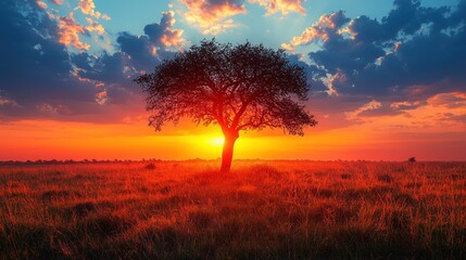 Obraz premium Sunrise over a field with a lone tree