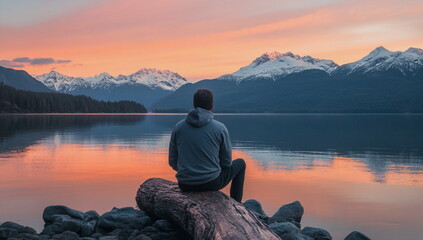 Peaceful mountain scene with a man on a log dock at sunset, looking over a reflective lake. A visual metaphor for solitude, travel, nature connection, and calm mindset.

