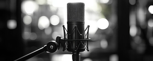 Vintage Microphone on Stand with Blurred Background Creating a Nostalgic Recording Studio Atmosphere