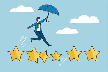 Performance review, annual employee evaluation, appraisal or rating feedback, success five stars employee, excellent feedback opinion concept, businessman balance himself on stars rating evaluation.