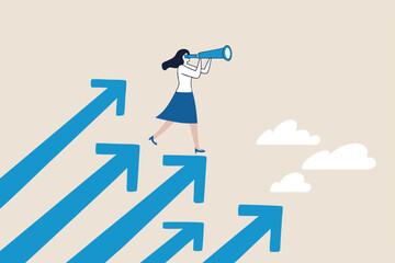 Searching for growth opportunity, vision to look and see future, challenge ahead or motivation to grow business concept, businesswoman on arrows look through binoculars to find business opportunity.