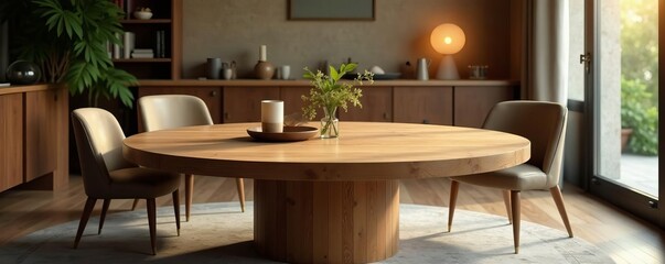 Fototapeta premium A high-quality round wooden dining table in an elegant setting, dining room, elegant, round