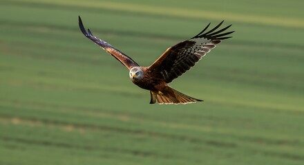 Obraz premium Bird of Prey Soaring Above Green Field in Natural Habitat