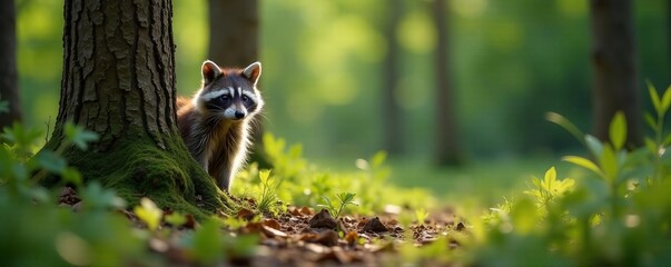 A set of isolated raccoons peeking out from behind trees in a wooded area, peeking, wildlife, hiding