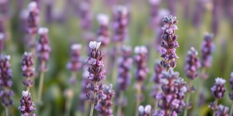Obraz premium A soft focus banner image showcases a field of lavender, with shallow depth of field highlighting individual blossoms against a blurred background, flowers, wildflower