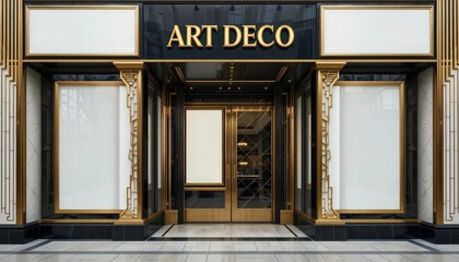  Glamorous Shop Entrance White Posters Art Deco Details in Gold Radiates Elegance Sophistication.